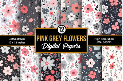 Pink and Grey Flowers Seamless Pattern Digital Papers