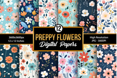 Cute Preppy Flowers Digital Paper Patterns