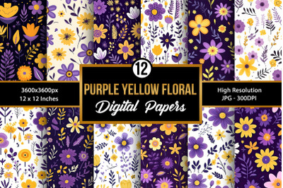 Purple &amp; Yellow Flowers Seamless Pattern Digital Papers