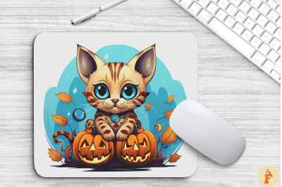 Kawaii Halloween Bengal Cat And Pumpkins