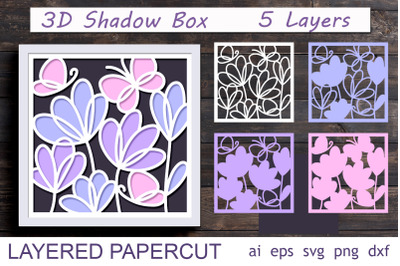 Shadow box with flowers and butterfly, 3d layered papercut