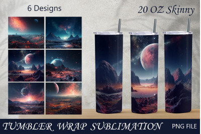 Fantasy landscape with planets tumbler wrap png