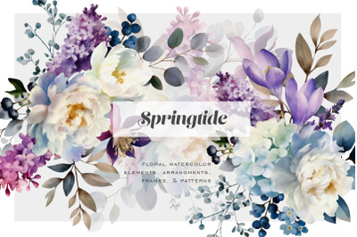 Springtide Floral Watercolor Clip Art &amp; Patterns Graphics Collection