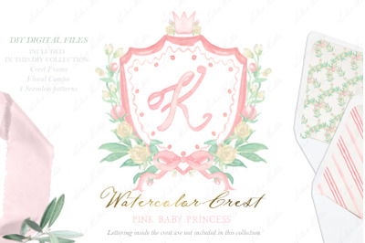Princess Pink Newborn Girl Family Watercolor Crest DIY