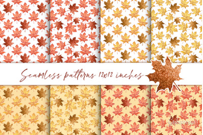 Maple leaves. Autumn seamless patterns with foil