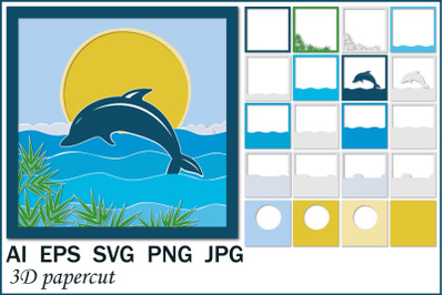Dolphin and the sea. Multilayer 3D postcard SVG, shadow box
