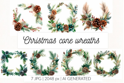 Christmas botanical cone wreath frame watercolor