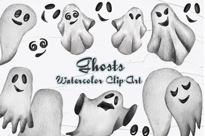 Ghosts Watercolor Clipart. Halloween