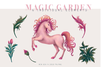 Cute floral elements and pink horse clipart - 3 png files