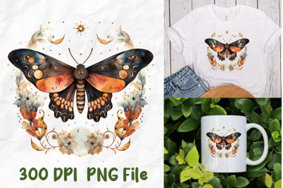 Retro Vintage Hippie Moth And Flowers