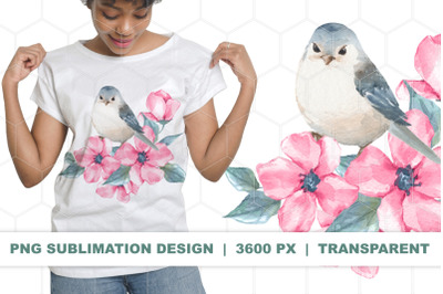 Bird with flowers. Watercolor PNG sublimation design