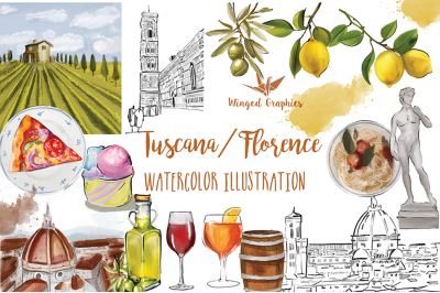 Italy, Tuscany, Florence set of  19 individual watercolor illustration