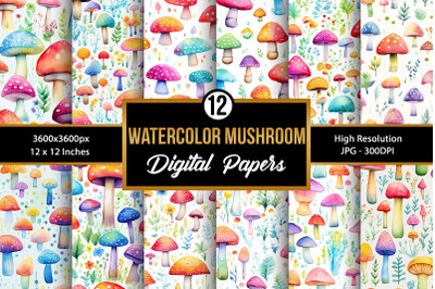 Watercolor Mushrooms Seamless Pattern Digital Papers