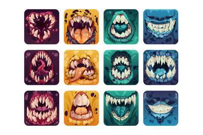 Scary mouth logo. Creepy colorful monster teeth cartoon style, comic h