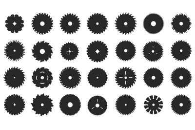 Circular saw blade silhouette. Black round saw cutting wood elements,