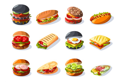 Cartoon sandwiches. Fresh fast food with different fillings, healthy f