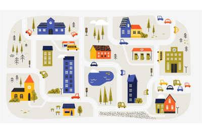 Cute town map. Children street plan with buildings and trees&2C; cute vil