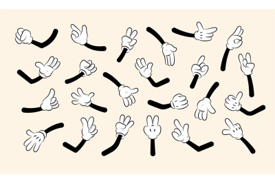 Retro cartoon hands. Cute comic character arms and fingers, glove with