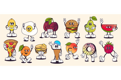 Retro cartoon food. Doodle cute colorful snacks and food figures with