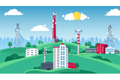 Landscape with transmittion tower. Telecom communication antenna, mobi