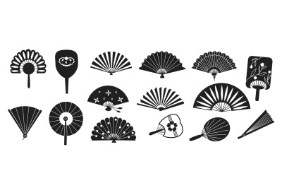 Oriental fans silhouettes. Asian traditional hand fans, elegant orient