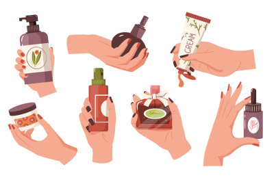 Cartoon hands with cosmetics. Woman hands with perfume and cosmetic bo