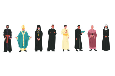 Catholic church characters. Christian religion church leaders in diffe