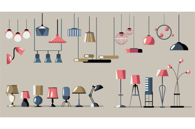 Interior lamps collection. Cartoon table lamps and floor lamps, home a