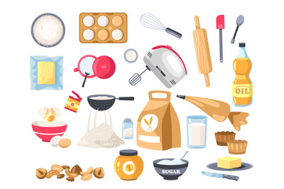 Bakery ingredients. Cartoon flour&2C; sugar and eggs with utensils for ba