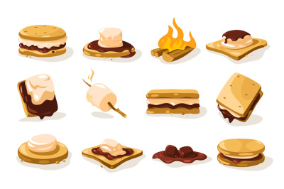 Smore set. Cartoon crispy roasted marshmallow sweet snack, yummy desse