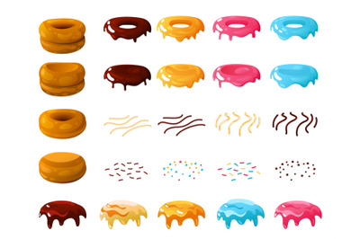 Donut cake kit. Cartoon bakery sweet doughnut types, colorful glazed p