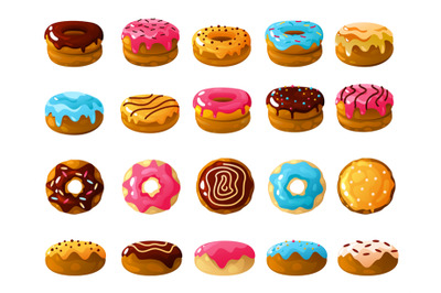 Donuts collection. Sweet doughnut pastry with sprinkles, glaze and fro