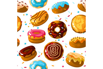 Donuts patern. Seamless cartoon sweet bakery dessert with rainbow spri