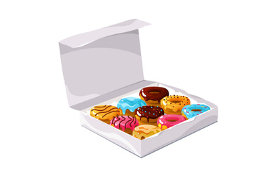 Donuts in the box. Sweet snack dough in box, chocolate cake dough in p