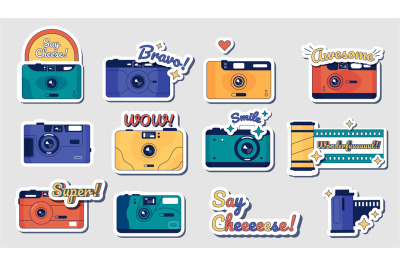 Camera stickers. Retro movie and photography camera badge&2C; vintage fil