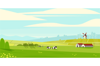 Rural summer landscape. Farm panorama with fields and animals. Horizon