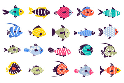 Tropical fish. Exotic ornamental sea animals, cartoon aquatic animals