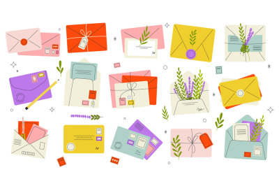 Cartoon envelopes with letters. Open and closed blank postcards with a