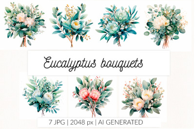 Botanical watercolor flowers eucalyptus bouquet. Wedding