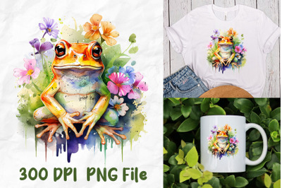 Hippie Frog Rainbow Flower Watercolor