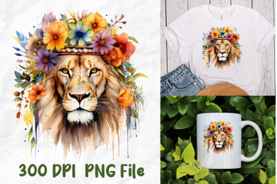 Hippie Lion Wild Flower Watercolor