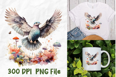 Hippie Flower Flying Pigeon Watercolor