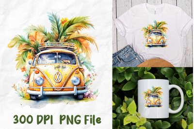 Hippie Retro Car Palm Tree Watercolor