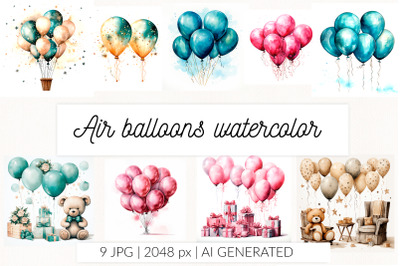 Watercolor air balloons. Happy Birthday. Baby shower invitation.