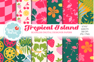 Tropical Island Garden Flowers &amp; Fruit Seamless Digital Papers | Summe
