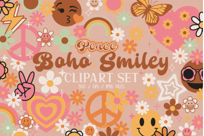Boho Retro Happy Smiles Clipart  Pastel Retro  Boho Hippie SVG PNG EPS