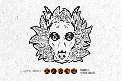 Floral flourish ornament with dia de los muertos dog head outline