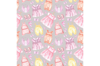 Baby girl clothing watercolor seamless pattern. Dress, romper. Boho.