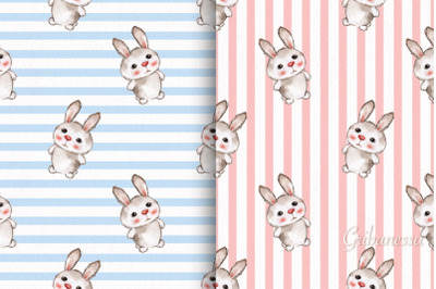 Cute rabbits. Seamless striped patterns with bunny