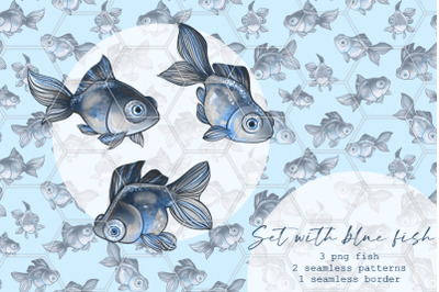 Blue fish set - clipart, border and patterns